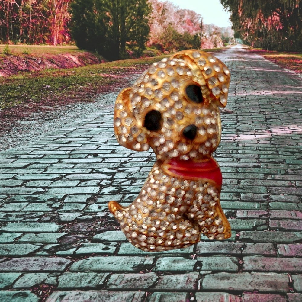 Gold Crystal Puppy Brooch with Red Collar